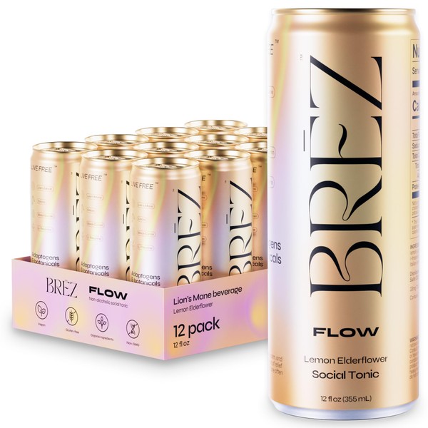 BREZ FLOW Lion’s Mane Mushroom Drink,12-Pack, Non-Infused, Adaptogens, Relieving, Uplifting,