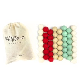 Wildflower by hu hands Christmas Cheer 100% Wool Felt Balls | 50 Pom Poms for Crafts, Garland, Felting, Decor | .8-1 Inch Red, White, Tan, Aqua Pompoms | Hand Felted in Nepal | Muslin Bag Included