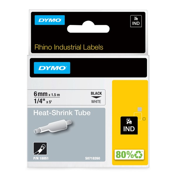 DYMO Industrial Heat Shrink Tubes for DYMO LabelWriter and Industrial Label Makers, Black on White, 1/4", (18051)