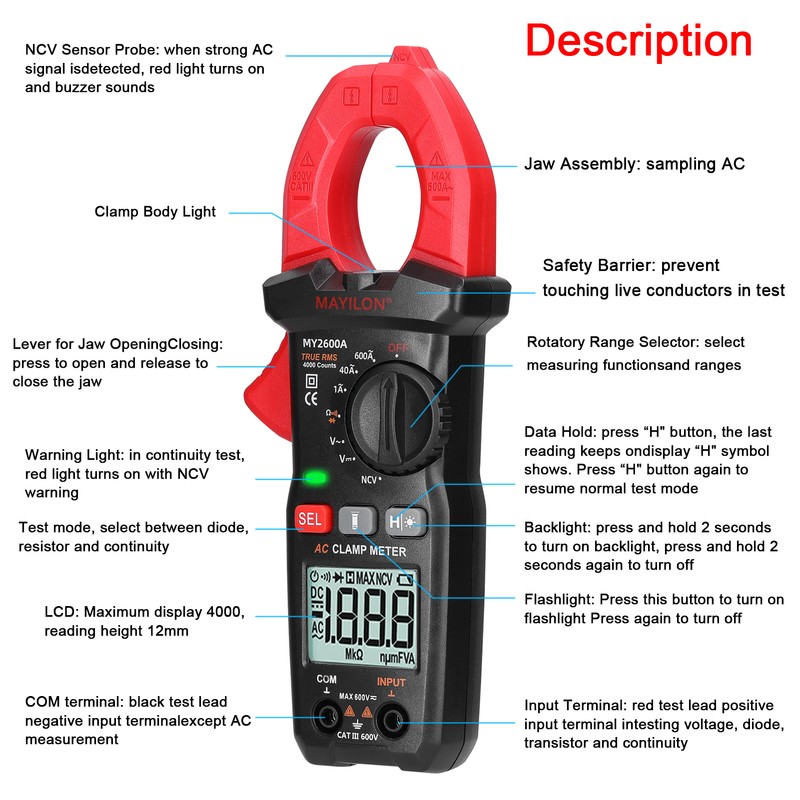 Digital Clamp Meter Multifunction 600V Voltmeter Tester Amp Volt Meter