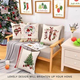 Hangood Cotton Linen Throw Pillow Case Cushion Covers Christmas Tree Ball Stockings16X16 Set of 4pcs 40cm x 40cm