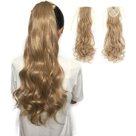 Royalfirst Ponytail Hair Extensions for Women Girls 22 Inch Long Curly Wavy Natural Looking Wrap Around Clip in Pony Tails Synthetic Hairpieces (M27/613#)