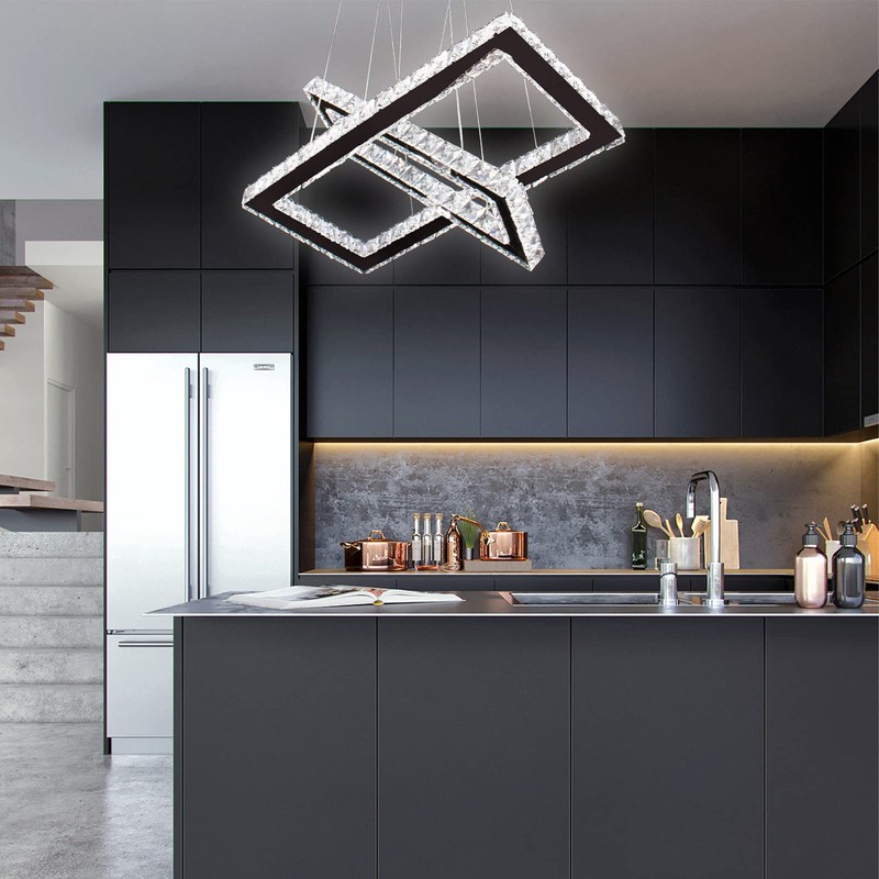 Dimmable Crystal Chandelier, Modern Rectangular 2 Ring LED Pendant Light