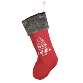 Dibor Red Knitted Christmas Stocking with Faux Fur Cuff Traditional Cable Knit Stocking with Embroidered Tree Decoration
