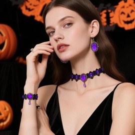 Vampire Choker Necklace Bracelet Earrings Set for Women Gothic Lace Jewelry Set Punk Crystal Lace Necklaces Halloween Necklace Set Emo Accessories Halloween Costume Accessories