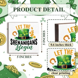 Happy St. Patricks Day Decoration, Let the Shenanigans Begin Wooden Sign, Blessing Decor, Home Tabletop Shelf Desk Decor 5 x 5 Inches, St Patricks Day Decorations-A10