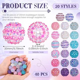 Loetere 40 Pcs 20 mm Rhinestone Beads Bulk Crystal Round Disco Ball Chunky Bubblegum Beads for Pens Bracelets Charms Craft European Style Jewelry Making Supplies Christmas(Mermaid Color)