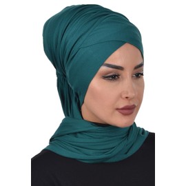 Aisha's Design Instant Turban Hijab Scarves for Women, 95% Cotton Pre-tied Jersey Head Wrap Bonnet & Shawl, Dark Green
