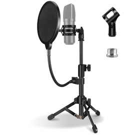 JCWINY Mic Stand Desk, Table Mic Tripod Desktop Mic Stand Height Adjustable Small Microphone Stand for Desk with Pop Filter Shock Mount Mic Clip 1/4" to 5/8" Adapter for Blue Yeti Snowball