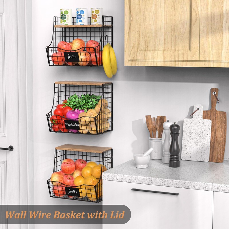 3 Pack Fruit Basket for Kitchen with Wood Lid -
