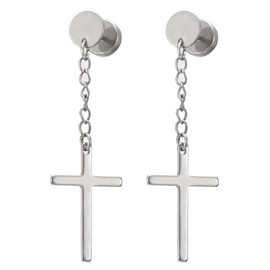 Pair Circle Screw Stud Earrings with Dangle Cross for Men Women, Stainless Steel, Screw Back