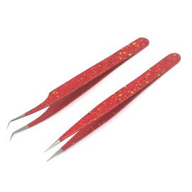 G.S 2 Pieces Straight and Curved Tip Tweezers Nipper for Eyelash Extensions, Red & Black Stainless Steel False Lash Application Tools