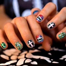 EchiQ Hallowen Nails Art Green Pink Cute Graffiti Fake Nails Black Red Blue Short Oval DIY Manicure Salon Lips Cross Wearable Artificial Acrylic False Nails 24pcs/Set