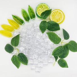 Woohome 122 PCS Clear Fake Ice Cubes Artificial Acrylic Ice Rocks and Simulation Lemon Limes Chips, Simulation Leaves for Photography Props, Home and Kitchen Wedding Decors