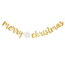 Merry Christmas Banner with Gold Glitter Snowflake Garland for Christmas Holiday Party Decorations by GotGala