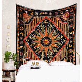 AVA Collections Burning Sun Tie Dye Tapestry Aesthetic Zodiac Mandala Tarot Tapestry Wall Hanging Indian Cotton Wall Décor Burning Sun Tapestries (Size 90x84 inches) (Queen- Burning sun/Orange)