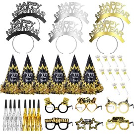 BFSYRR 36 Pcs New Year Eve Party Supplies 2025,Happy New Year Headband,2025 Glasses,Party Hats,Scream Whistle,New Year Party Decorations are Essential Photo Props for Party Celebrations