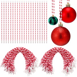 Riakrum 300 Pieces Christmas Red White String Snap Hanging Christmas Ornaments Xmas Locking Fabric Hangtag Ropes for Holiday Party Hanging Decoration