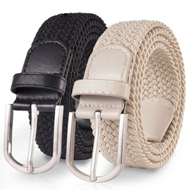TANGCHAO 2 Pieces Fabric Belt, Stretch Belt, Elastic Braided Belt, Braided and Elastic Stretchy Belt for Men and Women, 3.3 cm, Length 90 cm to 135 cm, Black and beige