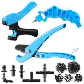 Feekoon Drip Irrigation Punch Hole Tubing Cutter Tools with Barbed Connectors, 2-in-1 Drip Tubing Hole Punch for 1/4 Inch Fitting 16 20 25 mm PE Pipe and Emitter(Blue,345 Irrigation Plugs)