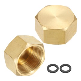 uxcell 2Pcs Brass Hex Head Plug Compression Cap Fitting Stop Valve Cap, 3/4" NPT Hex Thread Pipe Fitting Flare Cap Tubing Ends Sealing Cap with Gasket for Air Conditioner, Water, Gold