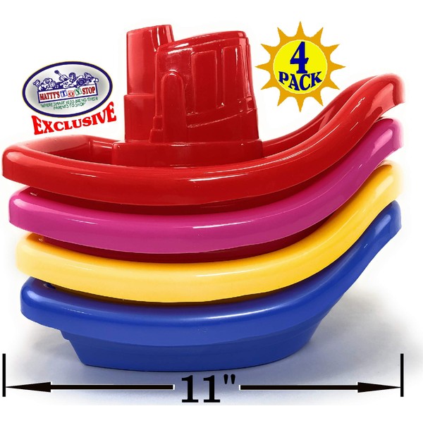 Matty's Toy Stop Plastic Nesting/Stacking Tug Boats (11") Red, Blue, Pink & Yellow Gift Set Bundle, Perfect for Bath, Pool, Beach Etc. - 4 Pack