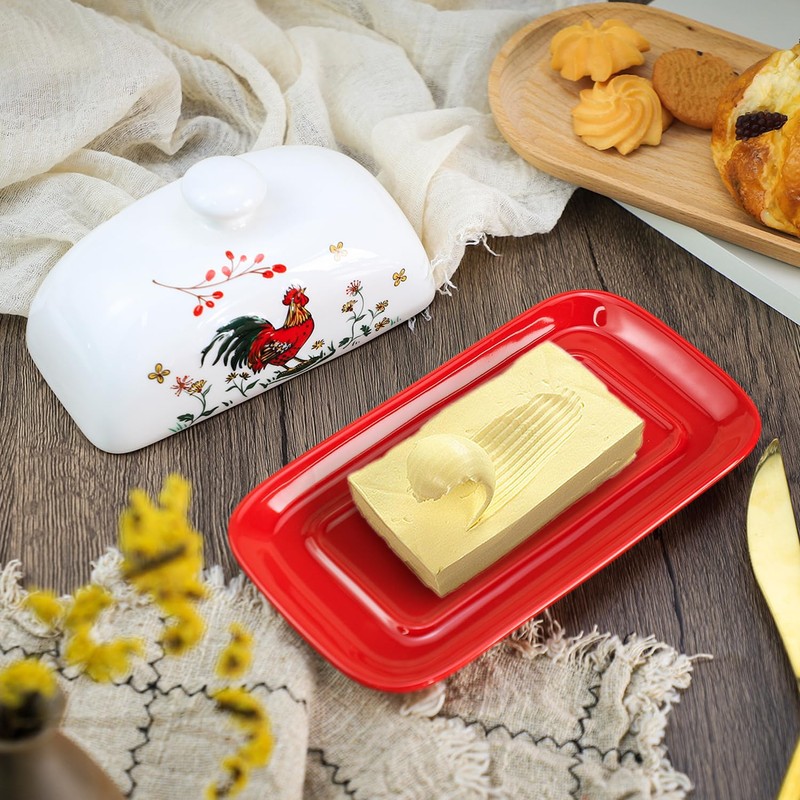Sizikato Classic Porcelain Butter Dish with Lid, Beautiful Rooster Pattern