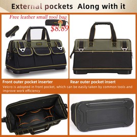 FASTECH 22-inch Wide Mouth Tool Bag with Water Proof Molded Base，Wide Mouth Tool Tote Bag,Waterproof Tool Organizer Bag for Men with Adjustable Shoulder Strap (22 inch)