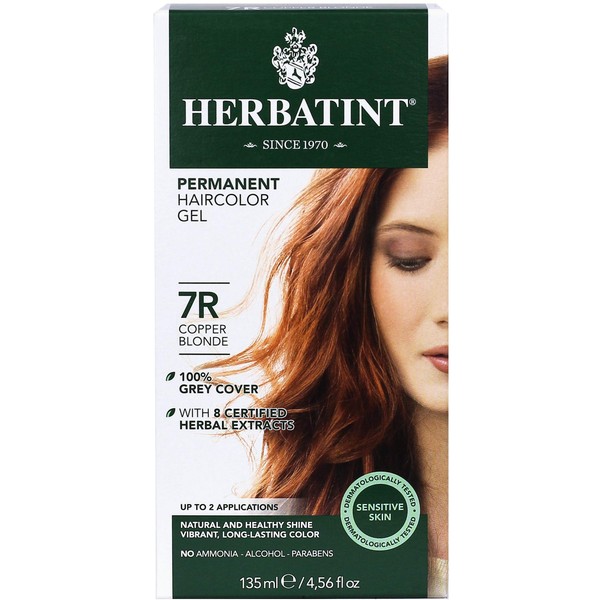 Herbatint Permanent Haircolor Gel, 7R Copper Blonde, Alcohol Free, Vegan, 100% Grey Coverage - 4.56 oz
