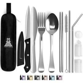 Set de cubiertos portátiles de viaje Taplord con estuche, incluye 10 piezas de utensilios de viaje con estuche, juego de cubiertos de acero inoxidable
