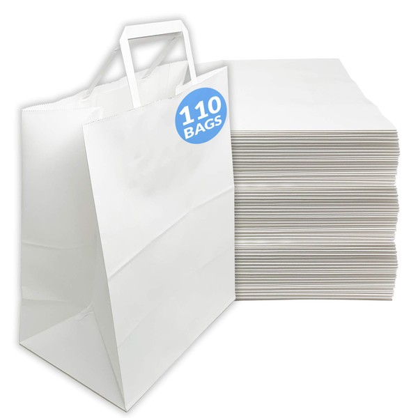 Reli. 110 Pack | 10"x5"x13" | White Paper Bags w/Handles | Ideal for Gift Bags, Shopping Bags, Retail/Merchandise Bags | Grocery Bags, To Go/Take Out Bags with Flat Handles