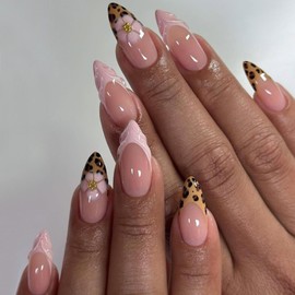 24Pcs Fall French Tip Press on Nails Almond Medium Fake Nails Leopard Print Acrylic Nails with Pink Flower Design Autumn Glue on Nails Full Cover Artificial False Nails Tips for Women Manicure