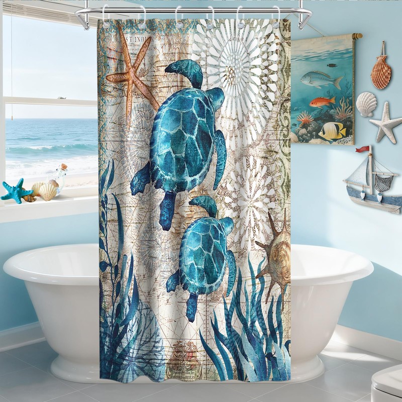 Final Friday Nautical Green Sea Turtles Beach Theme Fabric Shower