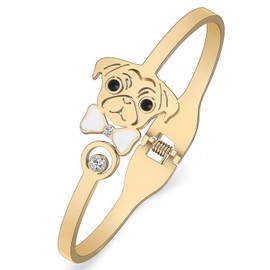NEWEI Cute 18K Gold Stainless Steel Pug Bracelet Bangle Pet Dog Jewellery Charms Gifts for Women Girls Dog Mum, Stainless Steel, Zircon gemstone.