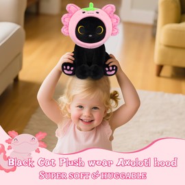 Hagusahuo Cat Plush Toy，Kawaii Black Cat Wear Strawberry Axolotl Plush Removable Hood, 8inch Cute Plushies Soft Stuffed Animal Doll for Kids Boys Girls Adults, Birthday Gift