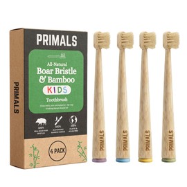 PRIMALS Kids Boar Bristle & Bamboo Toothbrush (4-Pack) - Healthy Boar Bristles - Zero Microplastics - Fully Biodegradable - Quick Dry Design