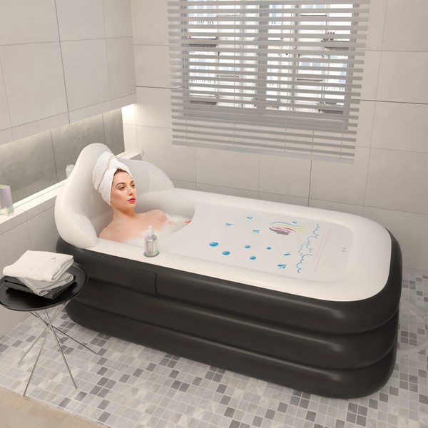 Inflatable Portable Bathtub-Family SPA Free Standing Tub-Portable Bathtub Adults With Bath Pillow-Ideal For Cold Plunge Tub,Ice Bath Tub,Ice Bath ＆ Hot Bath Outdoor,Portable Tub,Ice Tub63''X35''(Grey)