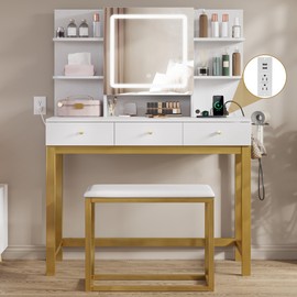 YITAHOME Vanity Desk with Mirror and Lights & Hidden Jewelry Storage Shelves, Makeup Vanity Table with Stool and Plug Outlet, 3 Drawers and 6 Open Shelves Dressing Table for Bedroom, White and Gold