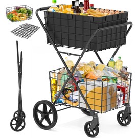 [2024𝐍𝐄𝐖] 2-Tier Extra Large Shopping Cart for Groceries, 400Lbs Grocery Cart with 2 Removable Storage Baskets, 360° Rolling Swivel Wheels, Waterproof Liner, Heavy Duty Utility Carts for Transport