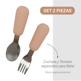 AMABABY - Set de Cubiertos para Bebé - Tenedor y Cuchara - Mango de silicón y puntas de acero redondeado para un uso seguro - Baby Cutlery Set