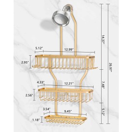 MSAICOE Shower Caddy Hanging - Never Rust Shower Hanging Organizer - Aluminum Over the ShowerHead Caddy with Soap Basket and 6 Razor/Sponge Hooks (Gold)