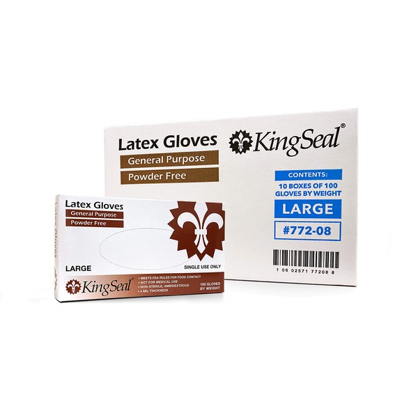 KingSeal Size MEDIUM Latex Disposable Gloves, General Purpose, Powder Free, 4 mil, Non-Medical Uses Only - 10 Boxes of 100 Gloves By Weight (1000 Count)