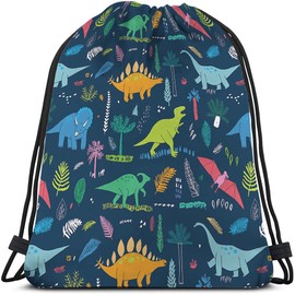 Beabes Dinosaur Drawstring Bags Backpack Bag Cute Cartoon Little Animal Funny Cool Colorful Dino Tropical Palm Leaf Sport Gym Sack Drawstring Bag String Bag Yoga Bag for Men Women