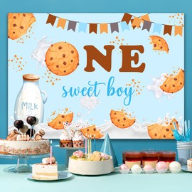 1st Birthday Backdrop Blue One Sweet Boy Birthday Backdrops for Photography Cookies Milk Bottle Background Decorations Banner Supplies 5x3Ft