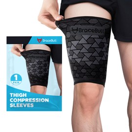 BraceBull Thigh Compression Sleeves (1 Pair), Upper Leg Sleeves, Hamstring & Quad Support for Men and Women, Breathable, Anti-Slip Thigh Brace & Wrap for Running, Workout, Recovery – Black, Small