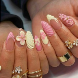 24Pcs Pink French Tip Press on Nails Medium Almond Fake Nails with 3D Flower Gold Beads Designs Stick on Nails Summer Floral False Nails Cute Acrylic Nail Glossy Gel Flower Glue on Nail for Women