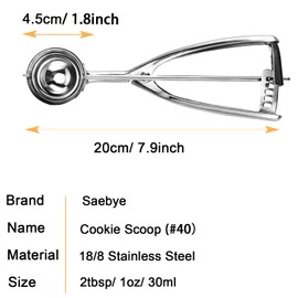 Saebye Medium Cookie Scoop, 2 Tbsp / 30ml / 1 oz, Size #40 Cookie Dough Scoop, Cookie Scoops for Baking, 1 25/32 inches / 4.5 CM Ball, 18/8 Stainless Steel, Secondary Polishing