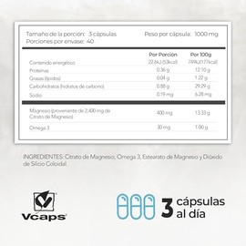 MAGNESIO - Maklen Citrato de Magnesio con Omega 3 - Apoyo al Sistema Muscular y Nervioso - Capsulas Veganas Vcaps® de 1,000 mg