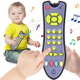 Kids Realistic TV Remote Control Toy with Musical Sound and Soft Light, Early Educational Toy with English Spanish and French 3 Language, Sensory Learning Toys for 6 12 18 Months+ Toddlers (Grey)