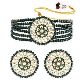 I Jewels Womens 18K Gold Plated Indain Wedding Bollywood Choker Set Glided With Kundan & Pearls (K7203G) Green